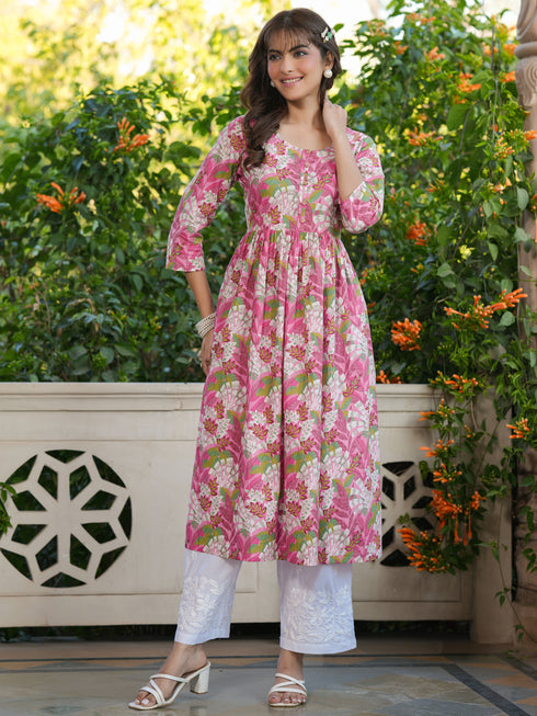 Pink Pure Cotton Floral Printed A-line Kurta