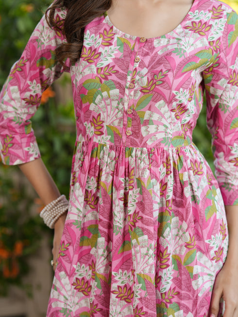 Pink Pure Cotton Floral Printed A-line Kurta