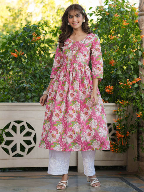 Pink Pure Cotton Floral Printed A-line Kurta