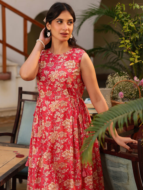 Pink Pure Cotton Floral Printed A-line Kurta