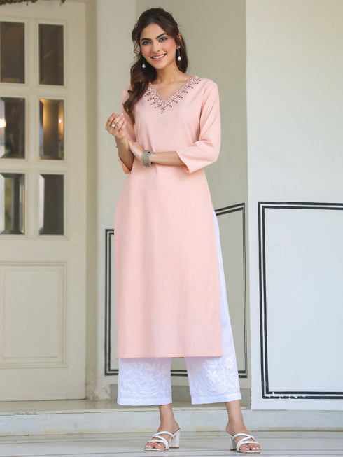 Peach Cotton Yoke Embroidered Straight Kurta