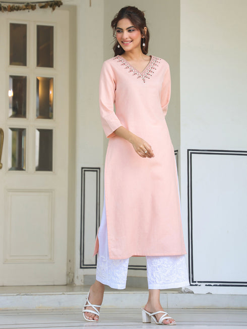 Peach Cotton Yoke Embroidered Straight Kurta