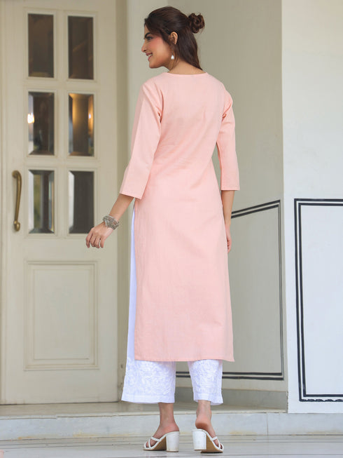 Peach Cotton Yoke Embroidered Straight Kurta