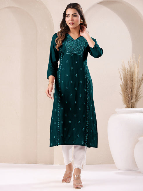 Dark Green Rayon Embroidered Straight Kurta