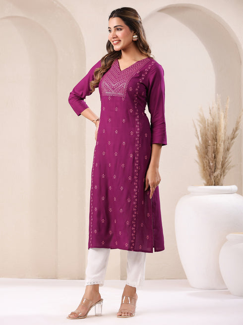 Purple Rayon Embroidered Straight Kurta