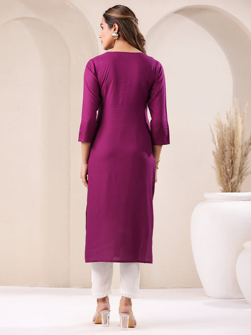 Purple Rayon Embroidered Straight Kurta