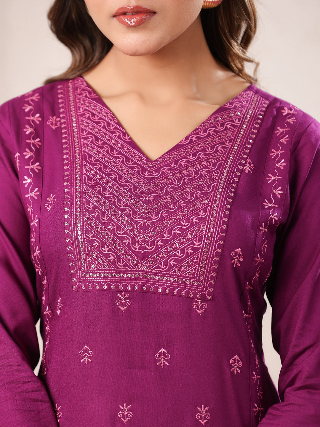 Purple Rayon Embroidered Straight Kurta