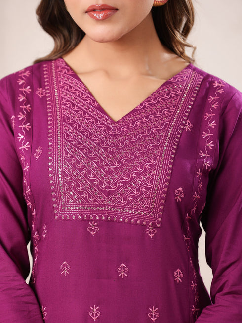 Purple Rayon Embroidered Straight Kurta