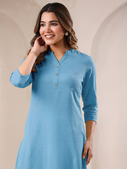 Light Blue Cotton Solid Straight Kurta