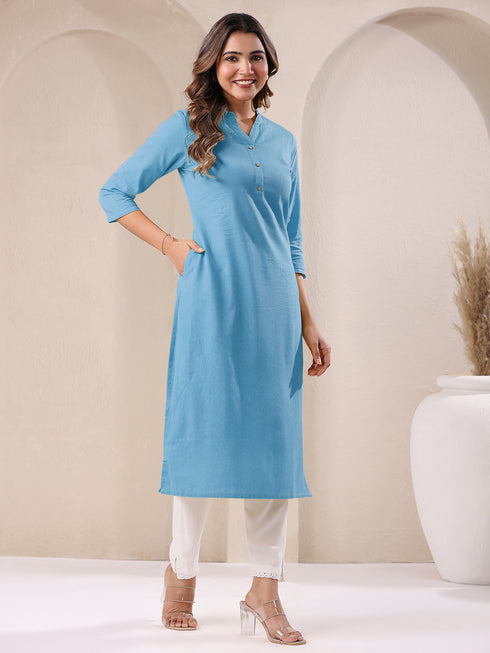 Light Blue Cotton Solid Straight Kurta