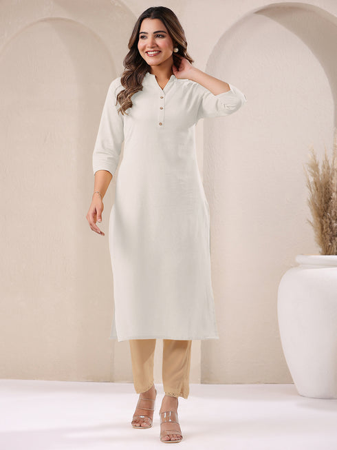 Off White Cotton Solid Straight Kurta