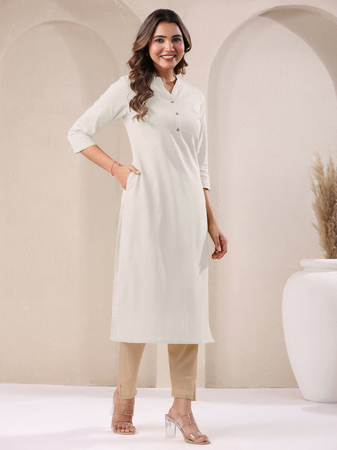Off White Cotton Solid Straight Kurta