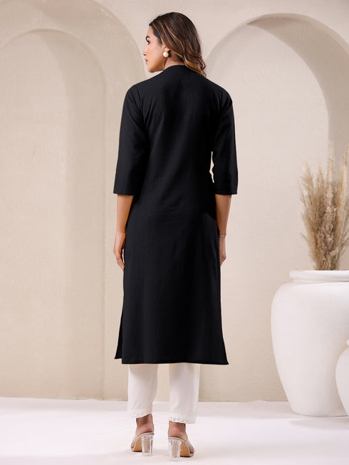 Black Cotton Solid Straight Kurta