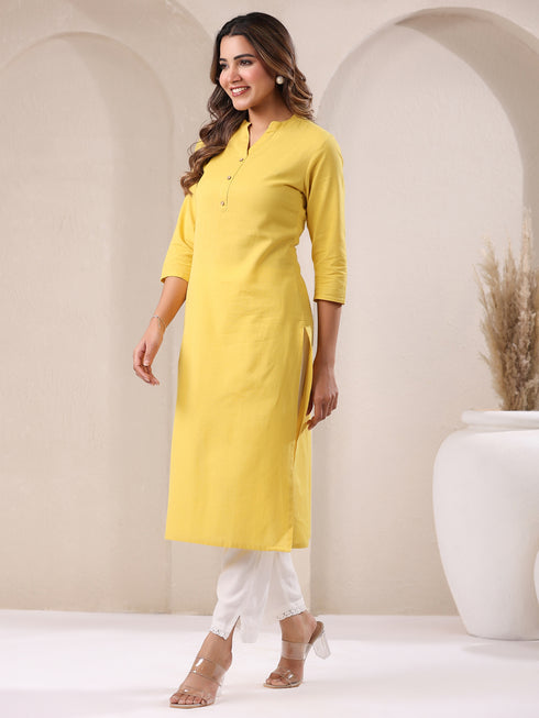 Yellow Cotton Solid Straight Kurta