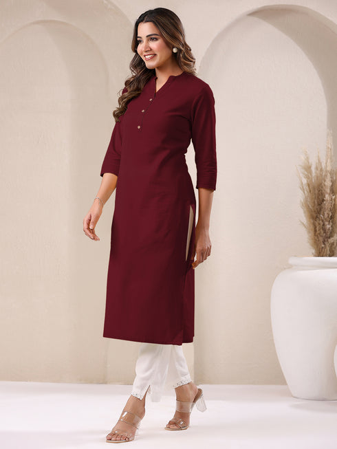 Maroon Cotton Solid Straight Kurta