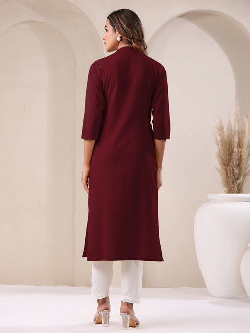 Maroon Cotton Solid Straight Kurta
