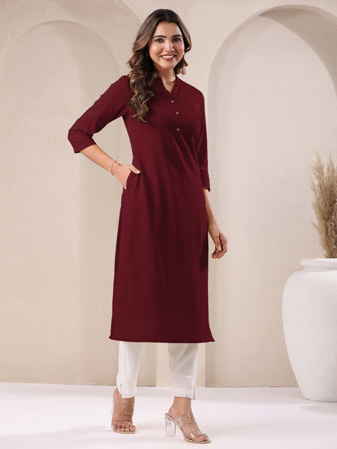 Maroon Cotton Solid Straight Kurta