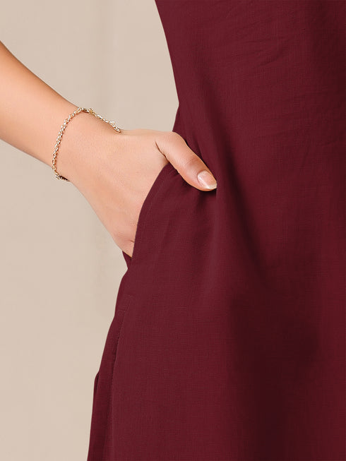 Maroon Cotton Solid Straight Kurta