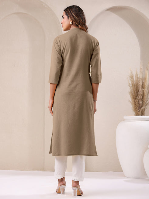 Beige Cotton Solid Straight Kurta
