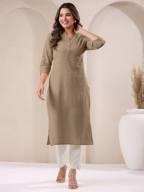 Beige Cotton Solid Straight Kurta