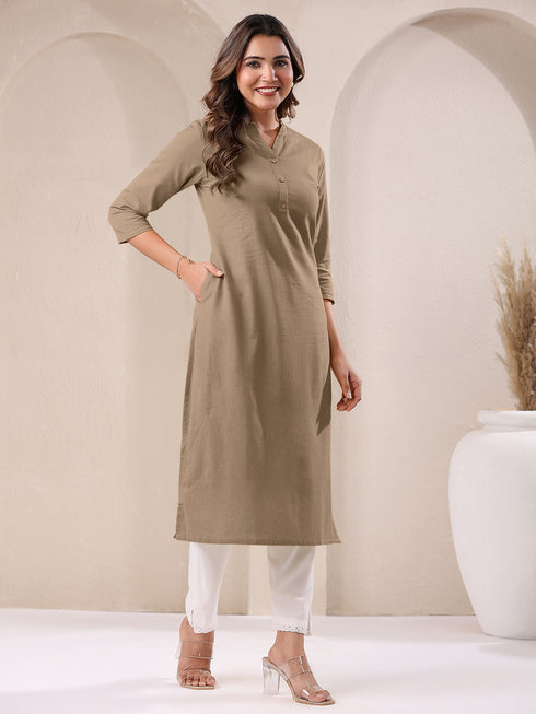 Beige Cotton Solid Straight Kurta