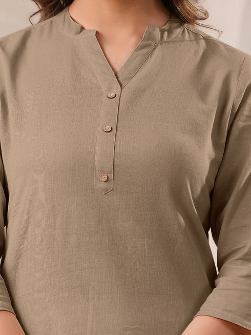 Beige Cotton Solid Straight Kurta