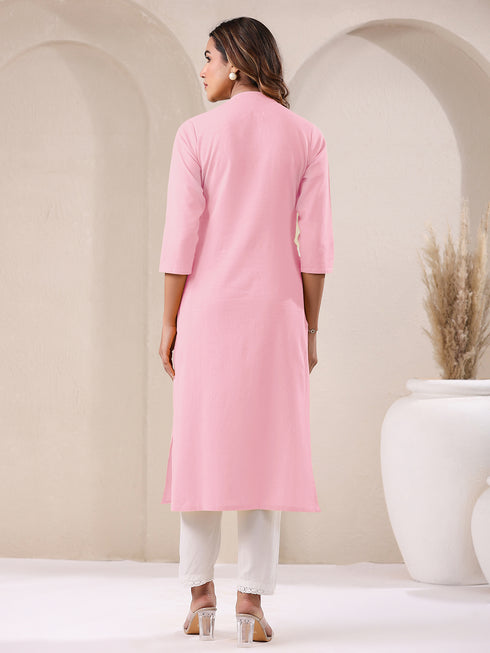 Pink Cotton Solid Straight Kurta