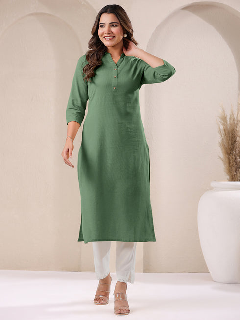 Green Cotton Solid Straight Kurta