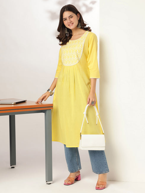 Yellow Pure Cotton Yoke Embroidered A-line Kurta