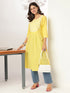 Yellow Pure Cotton Yoke Embroidered A-line Kurta