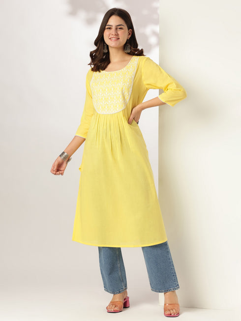 Yellow Pure Cotton Yoke Embroidered A-line Kurta
