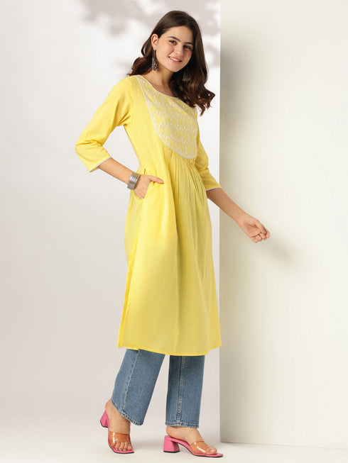 Yellow Pure Cotton Yoke Embroidered A-line Kurta