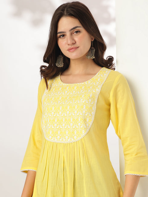 Yellow Pure Cotton Yoke Embroidered A-line Kurta