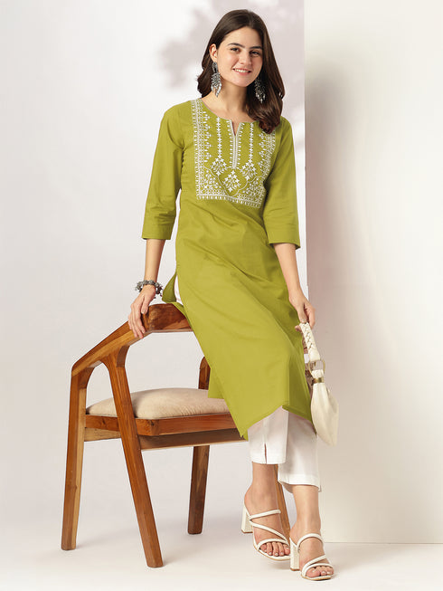 Lime Green Pure Cotton Yoke Embroidered Straight Kurta