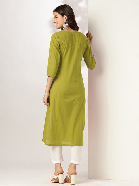 Lime Green Pure Cotton Yoke Embroidered Straight Kurta