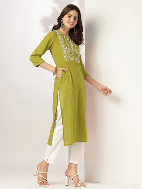 Lime Green Pure Cotton Yoke Embroidered Straight Kurta