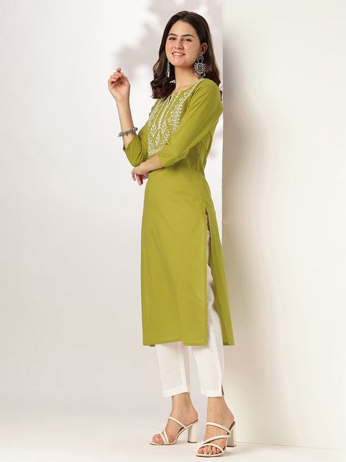 Lime Green Pure Cotton Yoke Embroidered Straight Kurta