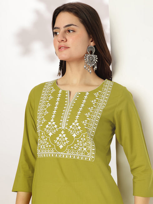 Lime Green Pure Cotton Yoke Embroidered Straight Kurta