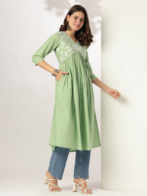 Light Green Pure Cotton Yoke Embroidered A-line Kurta
