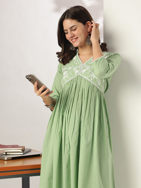 Light Green Pure Cotton Yoke Embroidered A-line Kurta