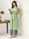 Light Green Pure Cotton Yoke Embroidered A-line Kurta