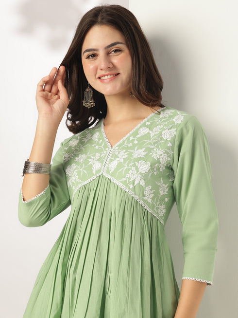 Light Green Pure Cotton Yoke Embroidered A-line Kurta