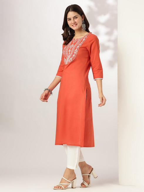 Rust Pure Cotton Yoke Embroidered Straight Kurta