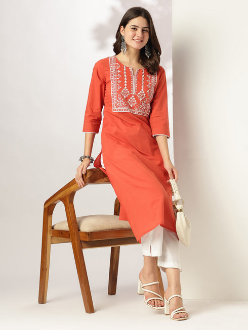 Rust Pure Cotton Yoke Embroidered Straight Kurta