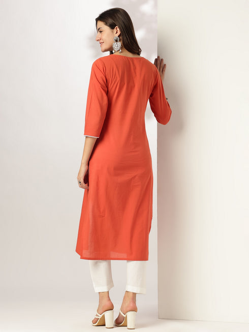 Rust Pure Cotton Yoke Embroidered Straight Kurta