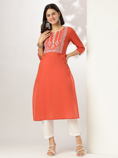 Rust Pure Cotton Yoke Embroidered Straight Kurta