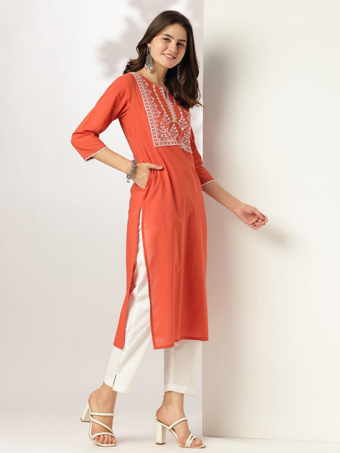 Rust Pure Cotton Yoke Embroidered Straight Kurta