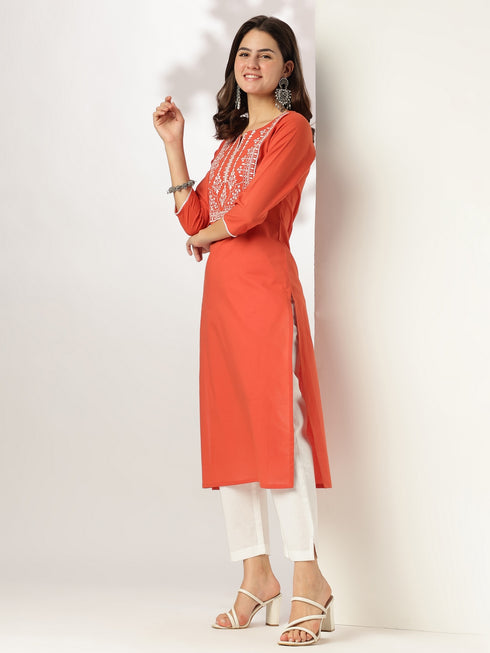 Rust Pure Cotton Yoke Embroidered Straight Kurta
