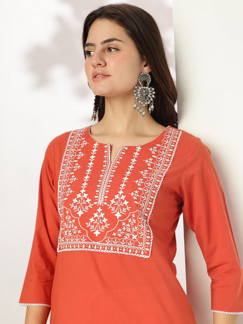 Rust Pure Cotton Yoke Embroidered Straight Kurta