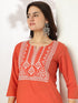 Rust Pure Cotton Yoke Embroidered Straight Kurta